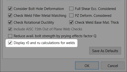 Displaying r0 and ru Calculations for Welds in RISAConnection