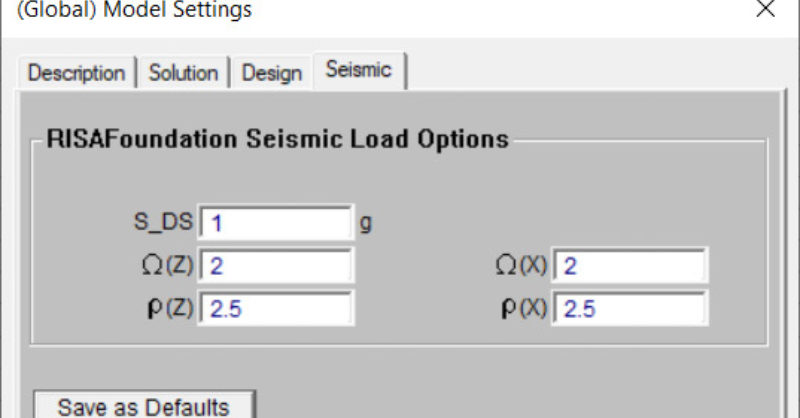 seismic factors in risafoundation load combination generator